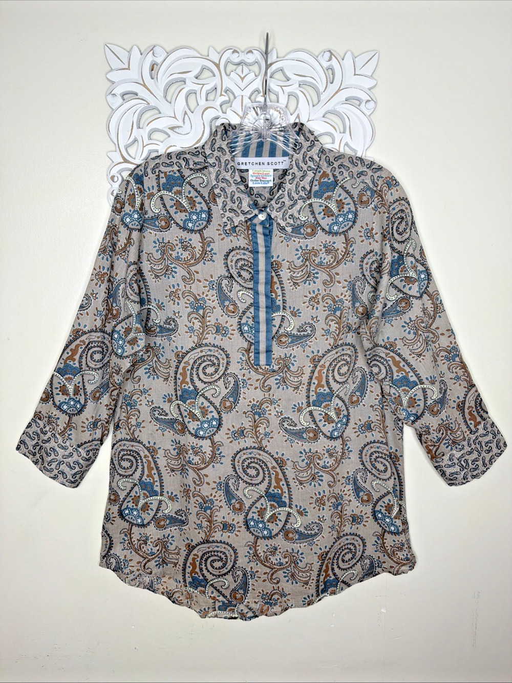 Gretchen Scott Paisley Tunic Top Taupe Blue 3/4 Sleeve Women's Cotton Blouse M